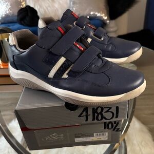 Prada Men's Navy Sneakers with White and Red Details